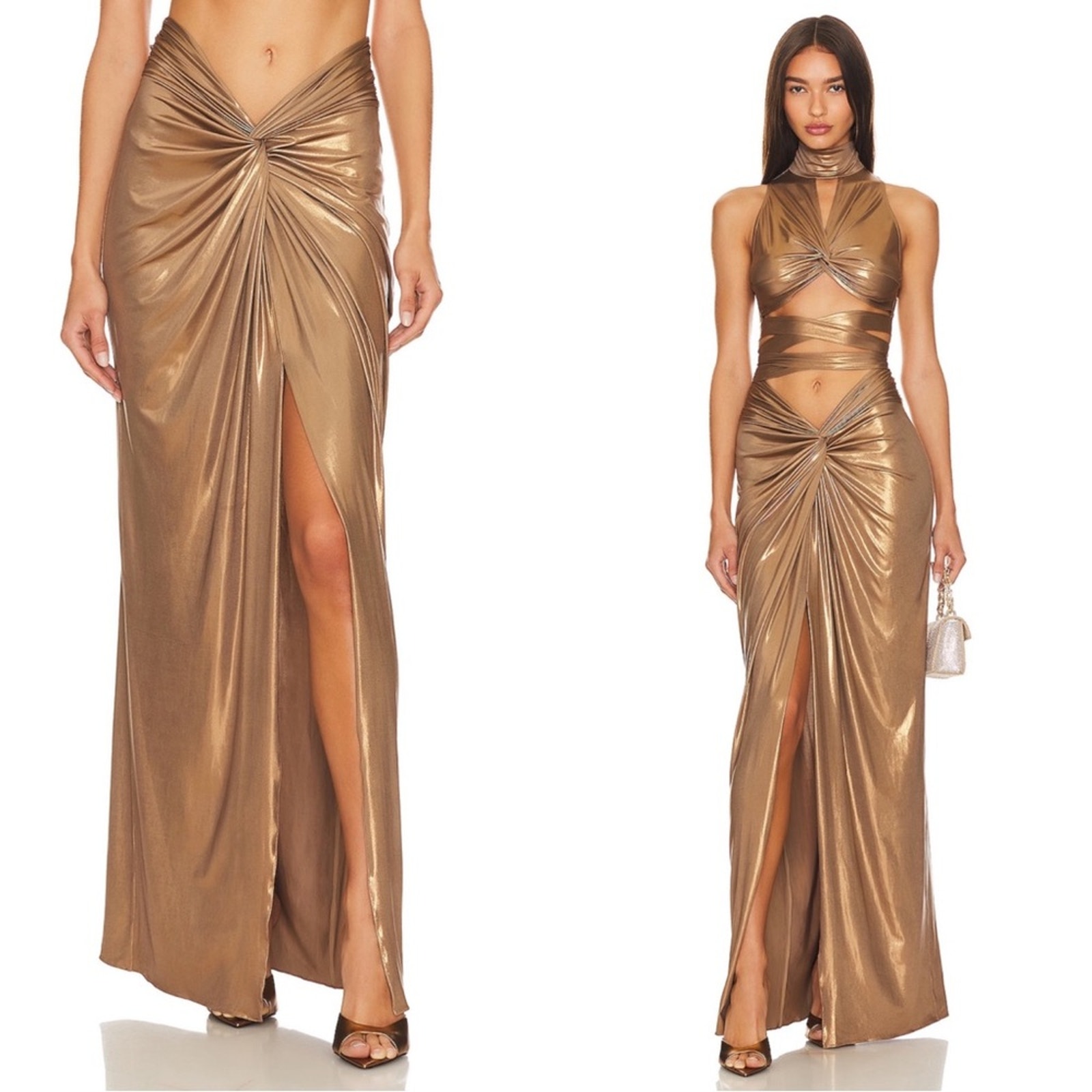 Lapointe Twist Sarong Ruched Draped Metallic Pale Gold Maxi Skirt Size 2